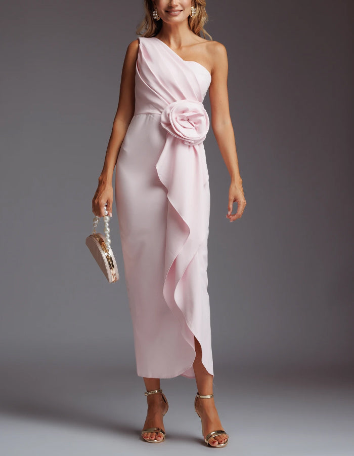 One Shoulder 3d Floral Midi Dress