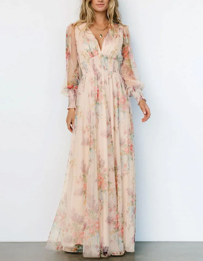 Bohemian Beige Chiffon Gown with Floral Print and Sheer Sleeves