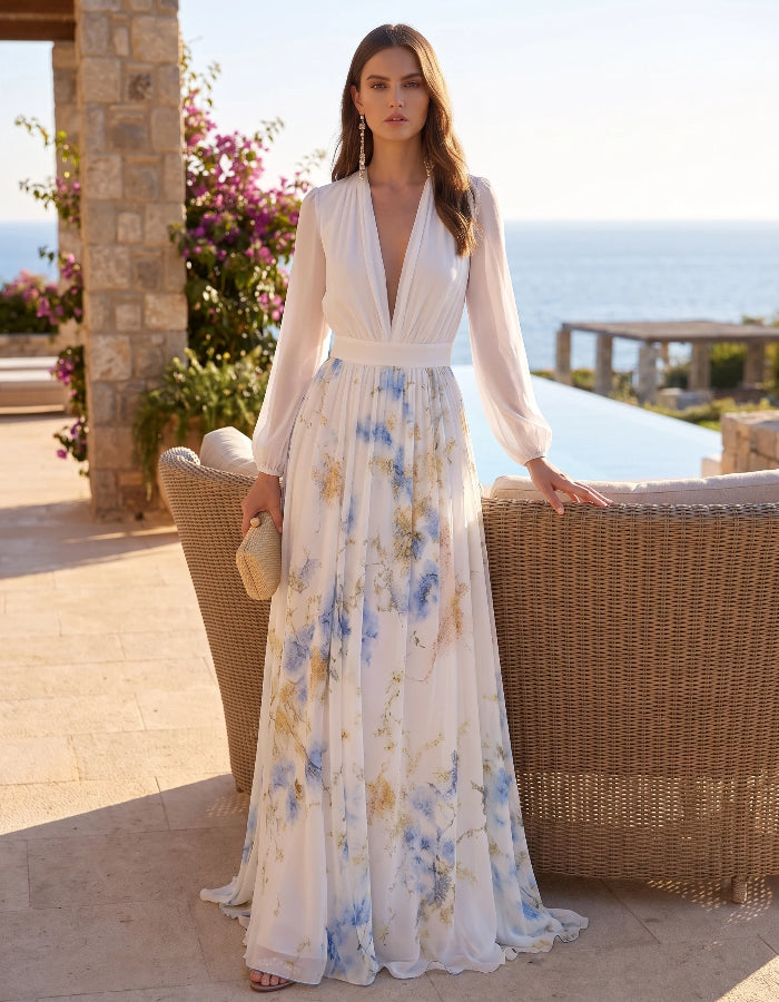 V-neck Long-sleeved Printed Maxi Dress