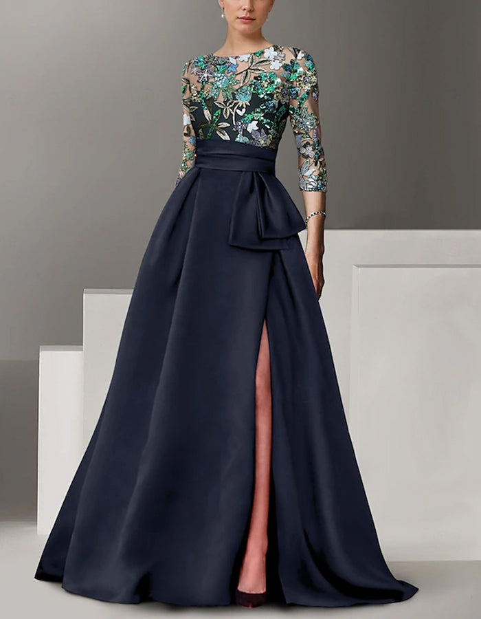 Vestido largo de raso con cuello redondo y mangas de lentejuelas