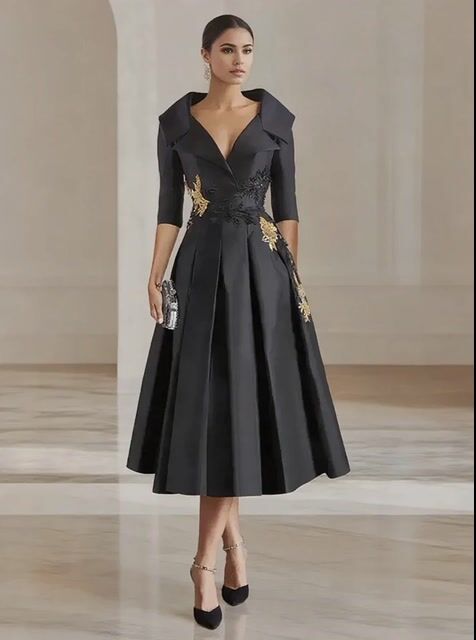 Elegant Satin Midi Dress with Embroidered Floral Appliqué and Folded Lapel Neckline