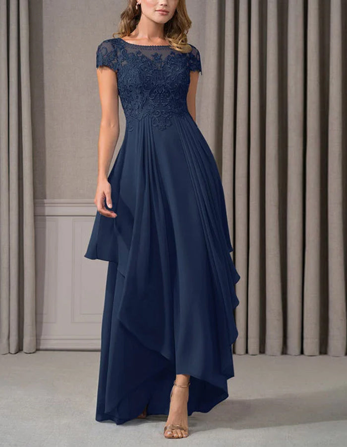 Navy Chiffon Evening Dress – Lace Bodice with High-Low Hemline & Pleated Skirt