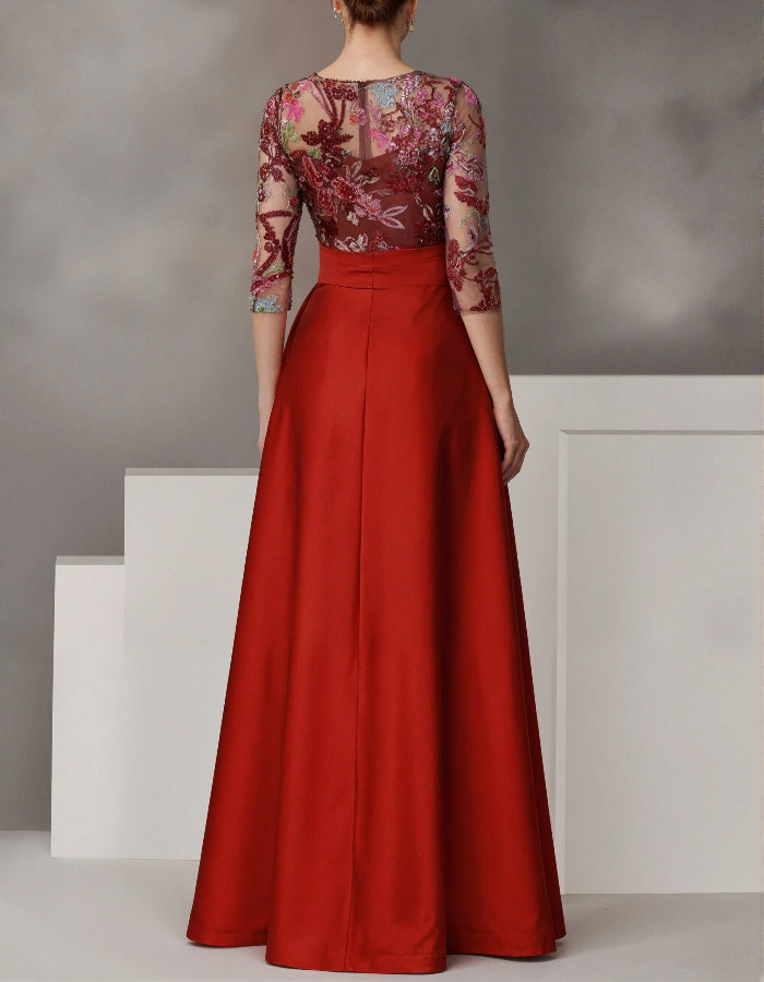 Round Neck Satin Sequined Sleeves Maxi Dress