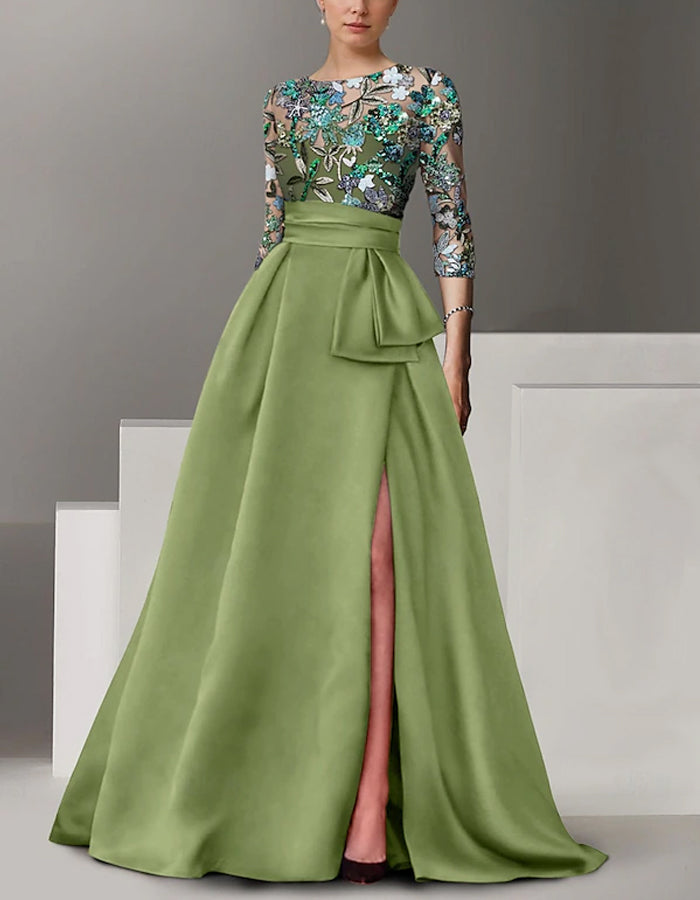 Vestido largo de raso con cuello redondo y mangas de lentejuelas
