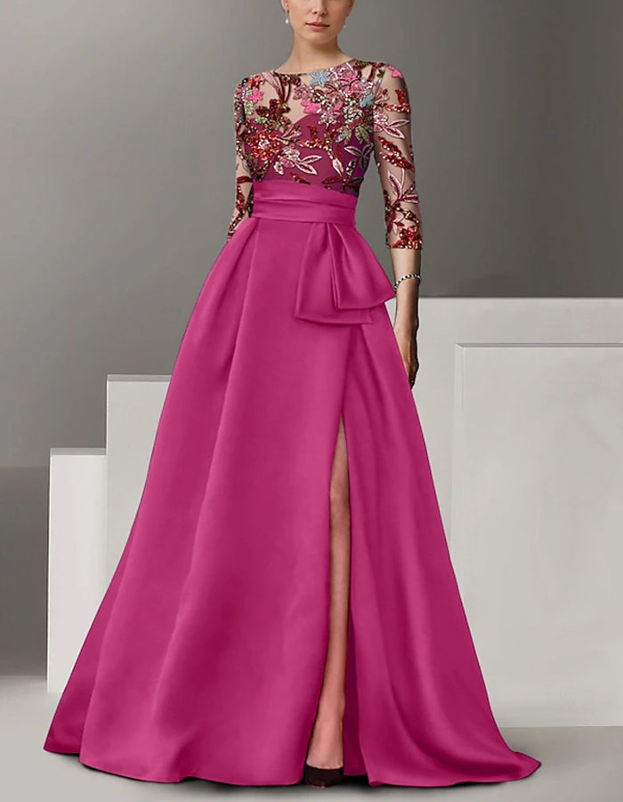 Round Neck Satin Sequined Sleeves Maxi Dress