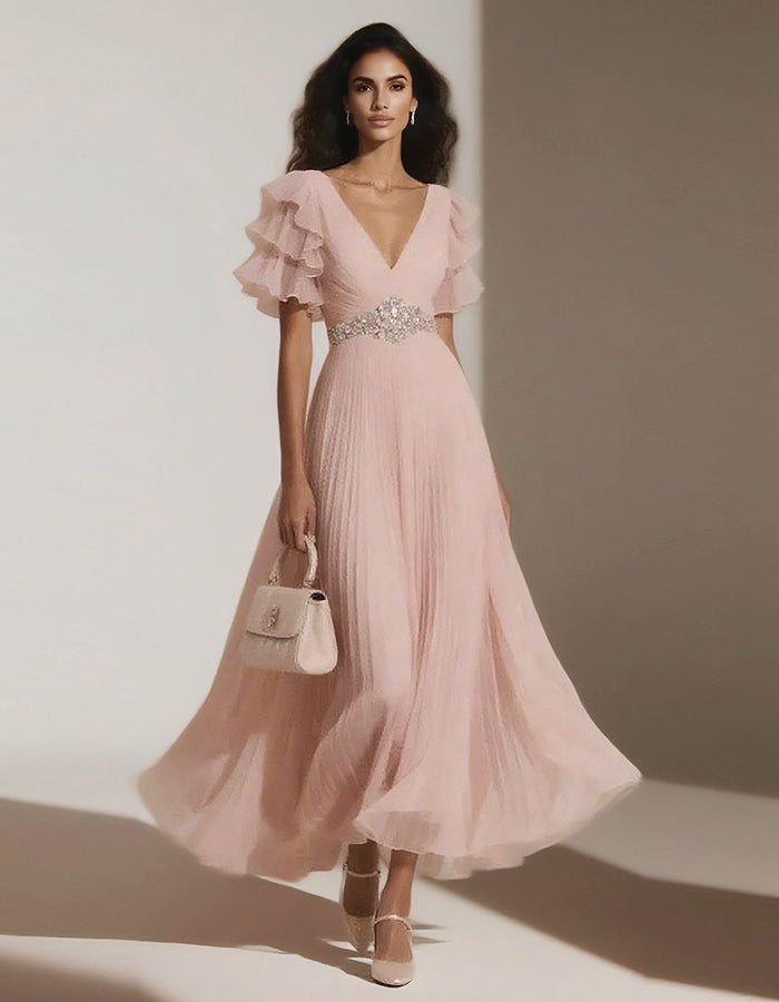 Chiffon Solid Color Lotus Leaf Sleeves Midi Dress