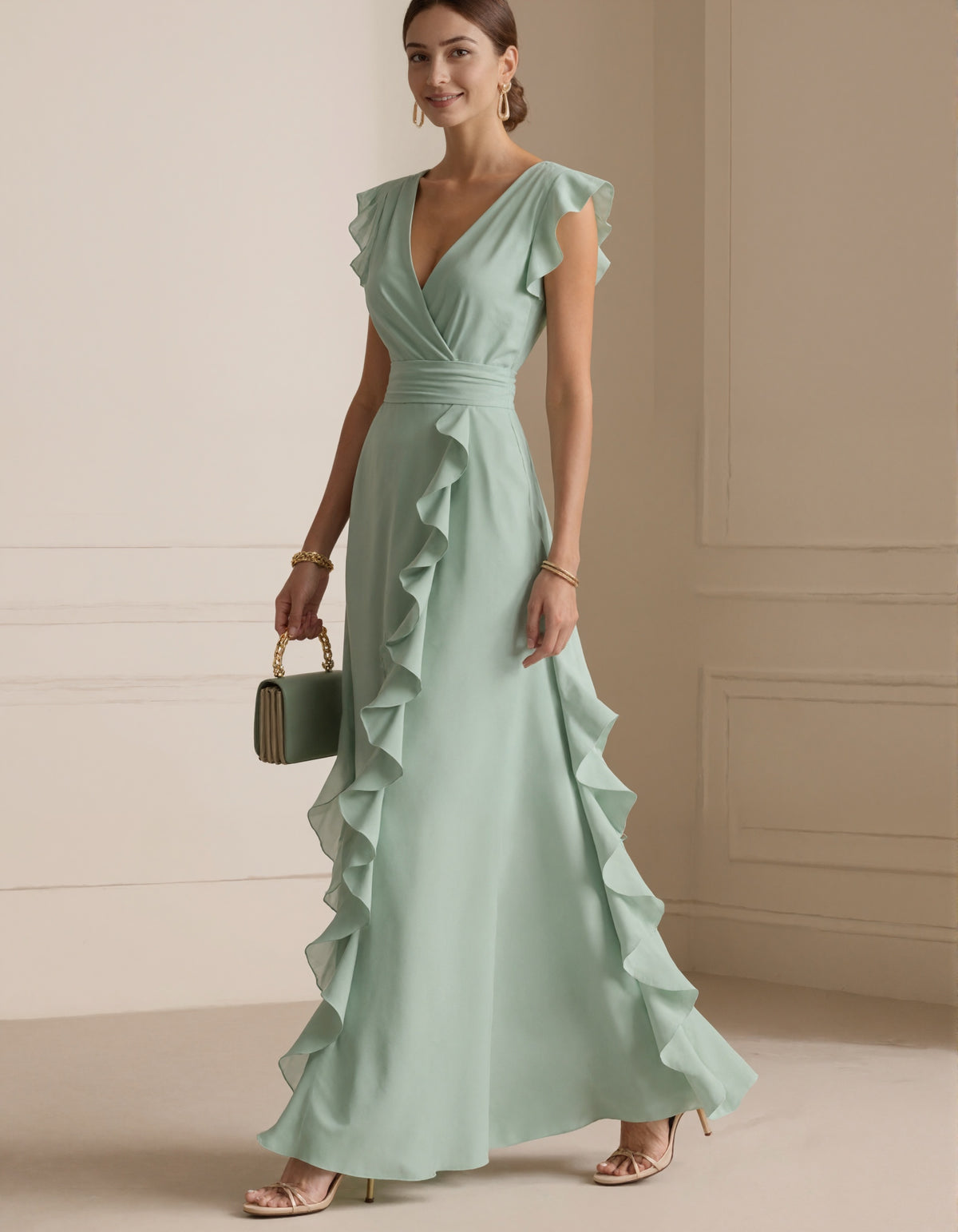 Graceful Mint Green Chiffon Gown with Ruffled Sleeves and Draped Skirt