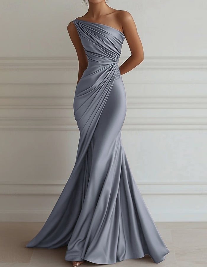 Vestido maxi de satén elástico plisado con un hombro