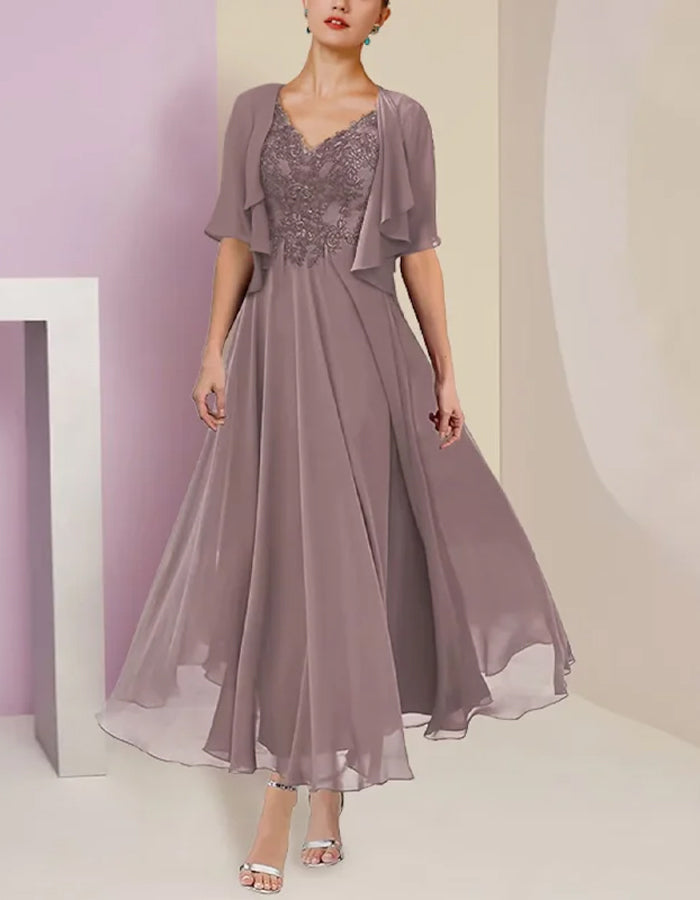 Sequined Pink Brown V-neck Short Sleeve Chiffon Dress Set