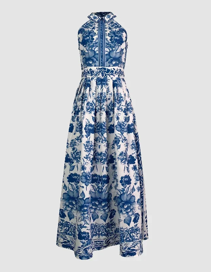 Graceful Blue and White Halter Gown with Floral Porcelain Print