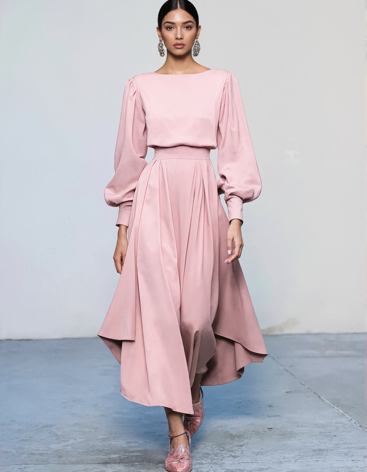 Round Neck Long Sleeves Solid Color Midi Dress