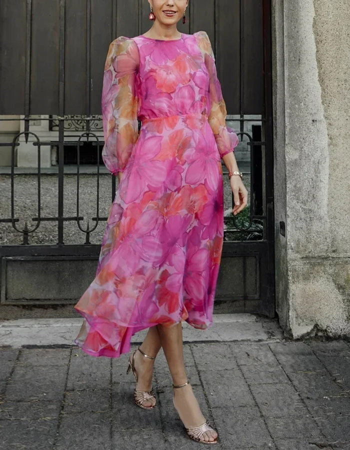 Elegant Organza Midi Dress with Sheer Puff Sleeves and Floral Print