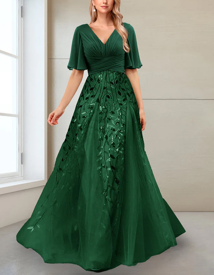 A-line V-neck Half-sleeve Side-slit Mother Of The Bride Maxi Dress
