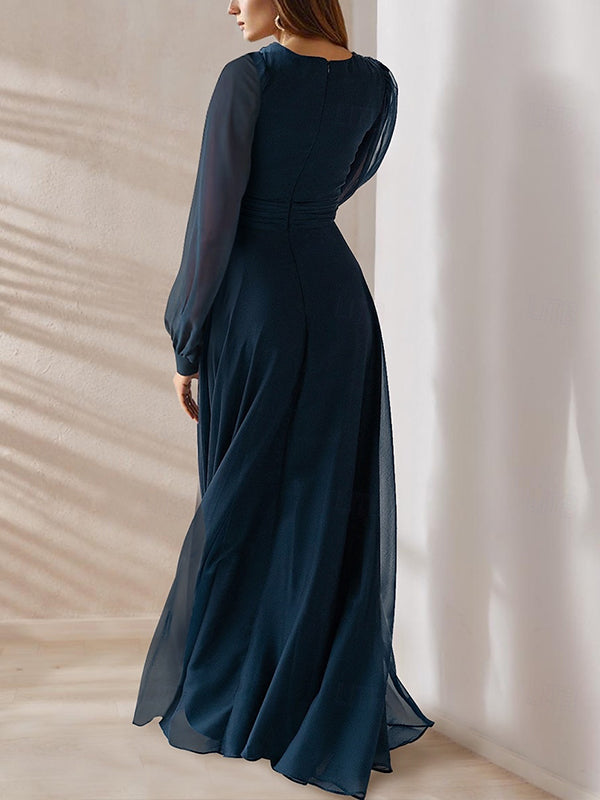 Dark Blue Long Sleeved Chiffon Maxi Dress