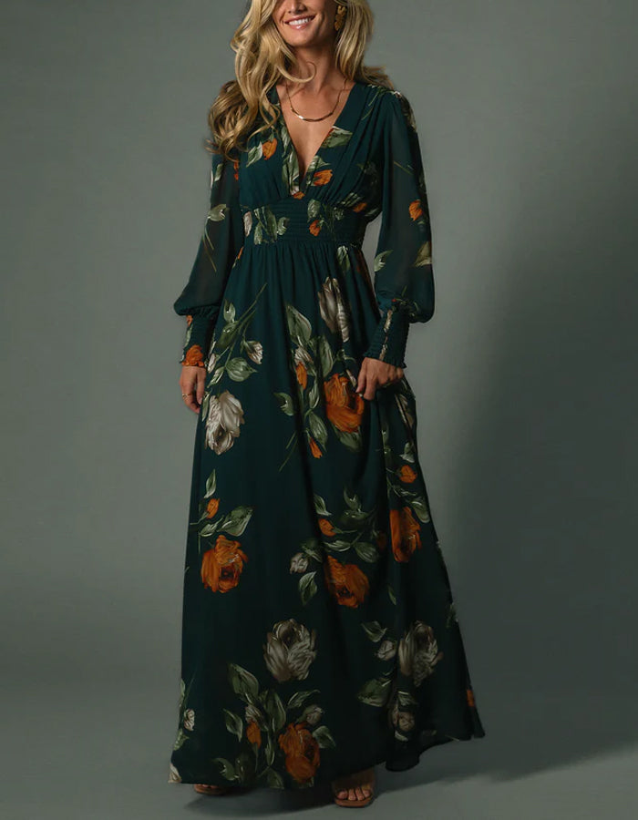 Dark Green Chiffon Printed Long Sleeves Maxi Dress