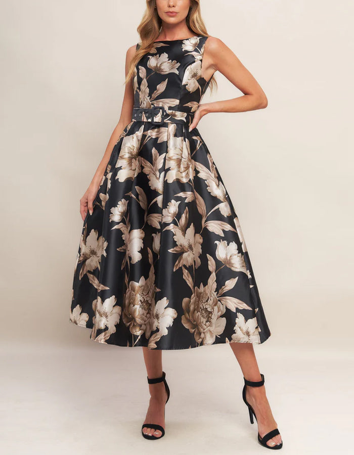 Vestido midi negro sin mangas con estampado floral