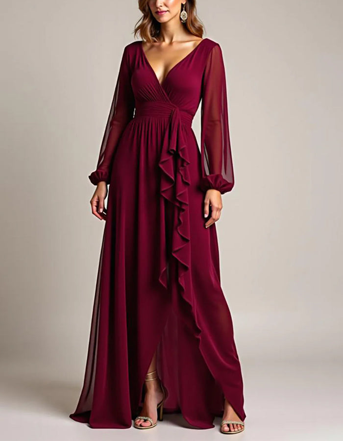 Burgundy Chiffon Long Sleeves With Ruffles Maxi Dress