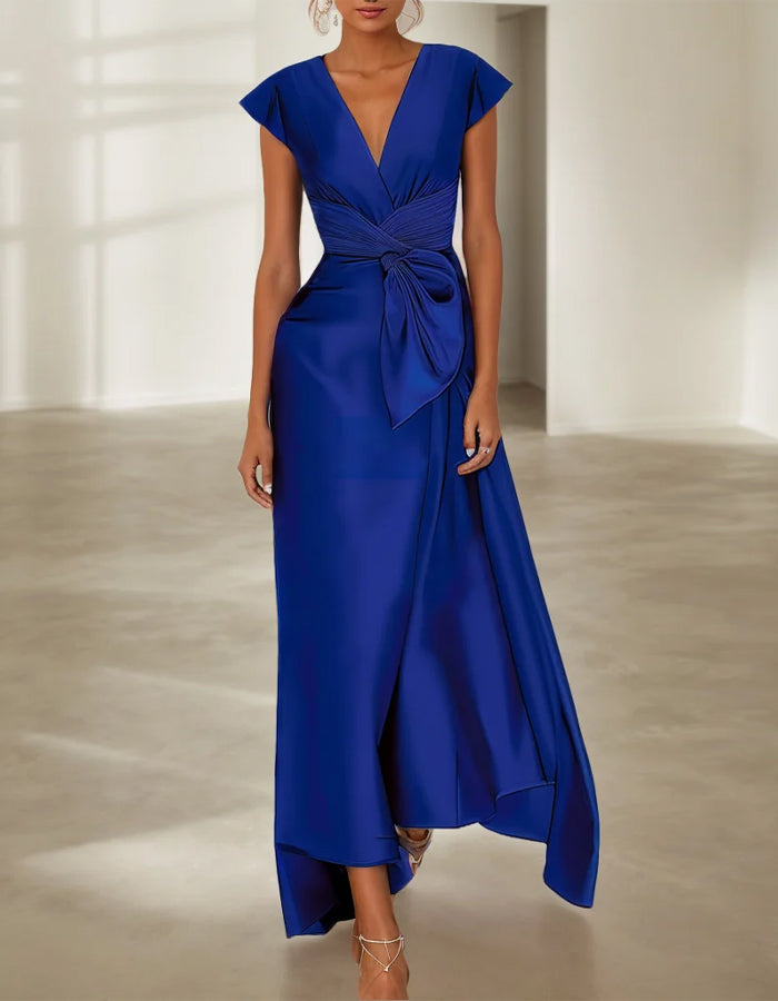 Solid Color Sleeveless Bow Satin A-line Maxi Dress