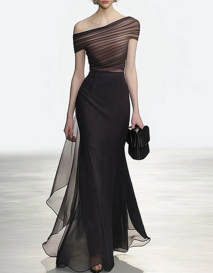 Brown One-shoulder Pleated Chiffon Maxi Dress