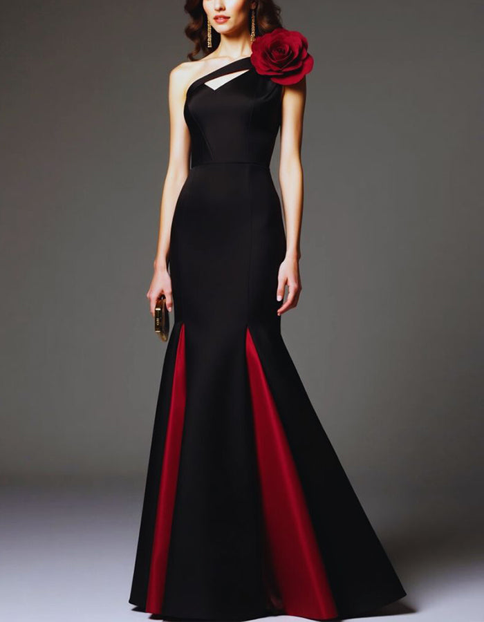 Black And Red One Shoulder Flower Maxi Dress