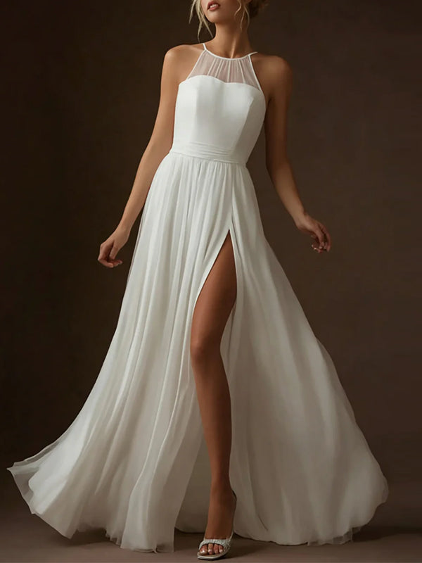 White Open Back Chiffon A-line Floor Length Slit Maxi Dress
