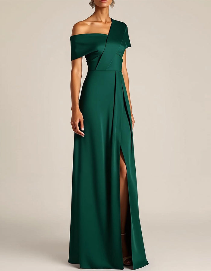 Green One Shoulder Satin Slit Maxi Dress