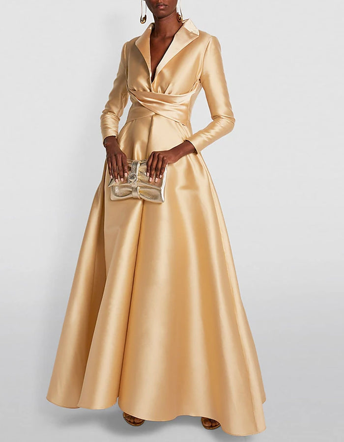 Solid Color Long Sleeved Shirt With Satin Pleats On The Collar Maxi Dress