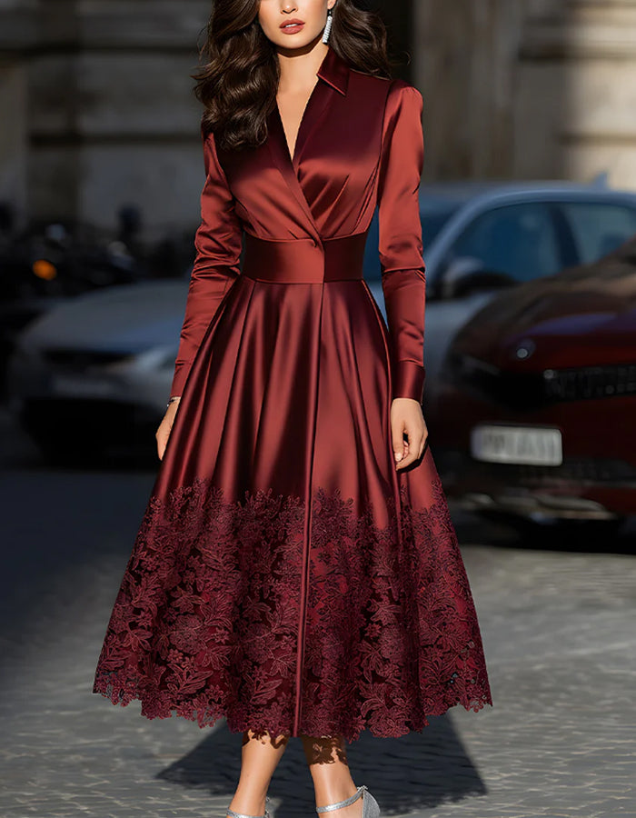 Burgundy Satin Tie Midi Dress