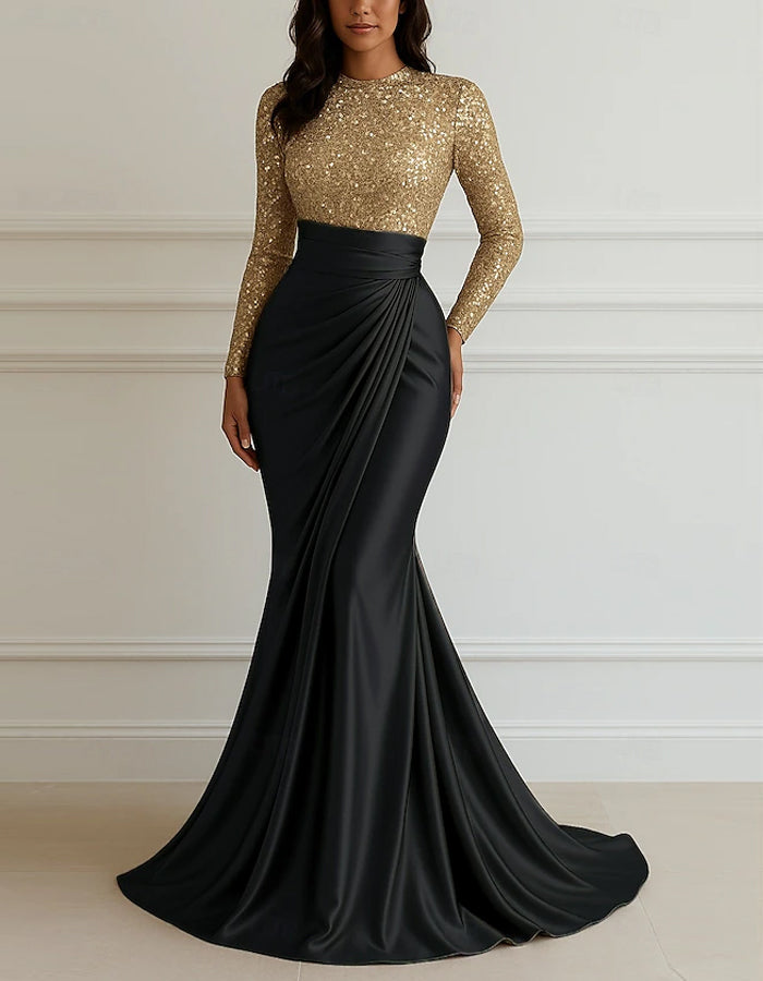 Round Neck Sequined Satin Patchwork Maxi Dress