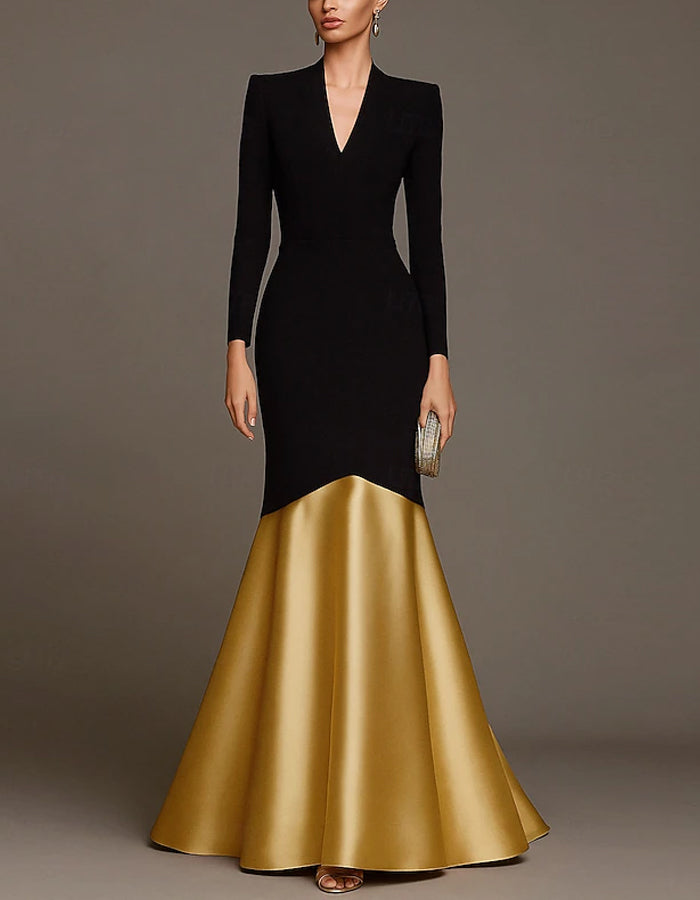 Color Blocked V-neck Long Sleeved Fitted Maxi Dress