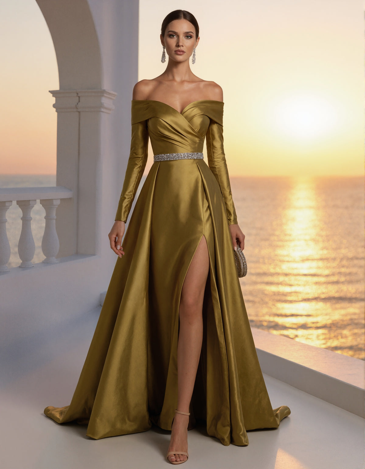Gold Satin Off-the-shoulder Long Sleeves Maxi Dress