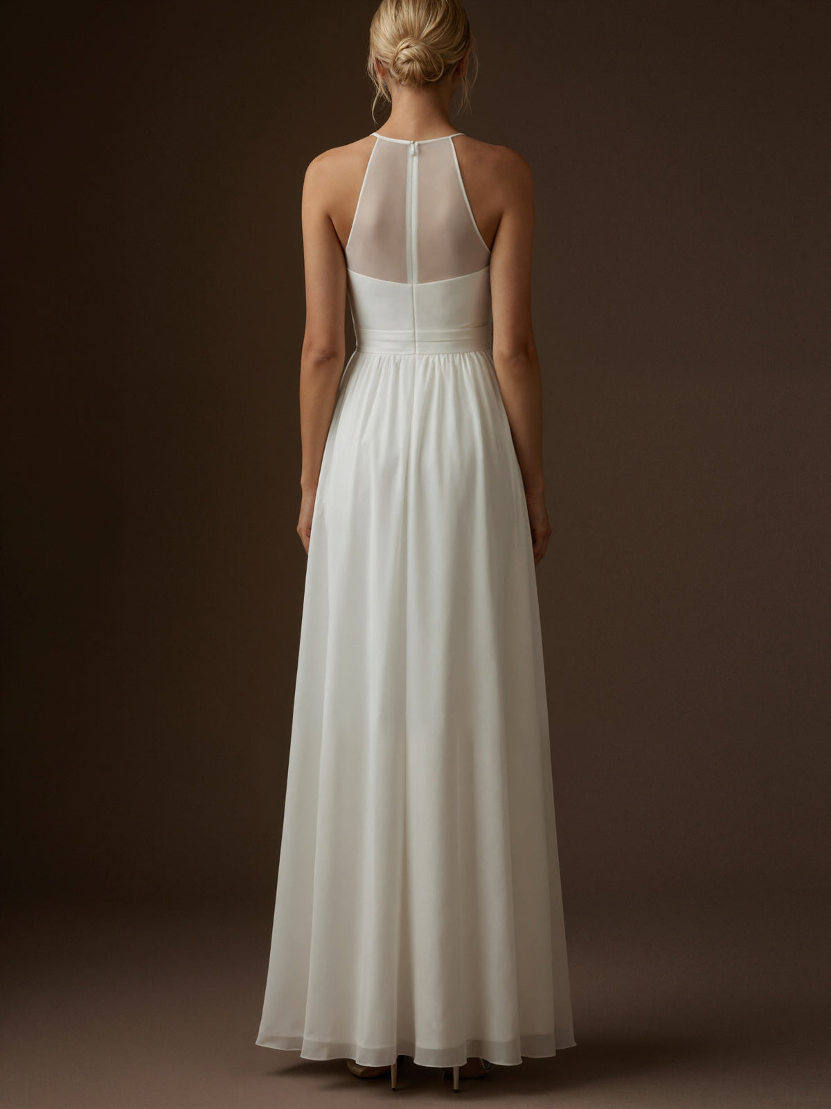 White Open Back Chiffon A-line Floor Length Slit Maxi Dress