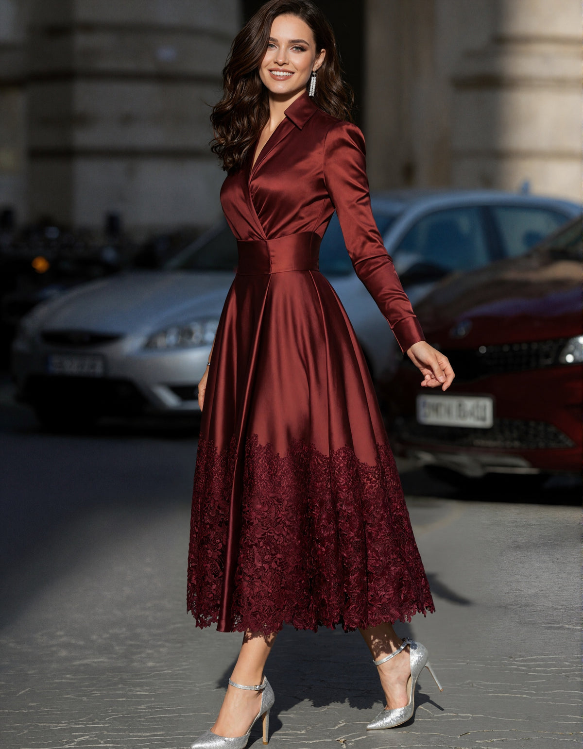 Burgundy Satin Tie Midi Dress