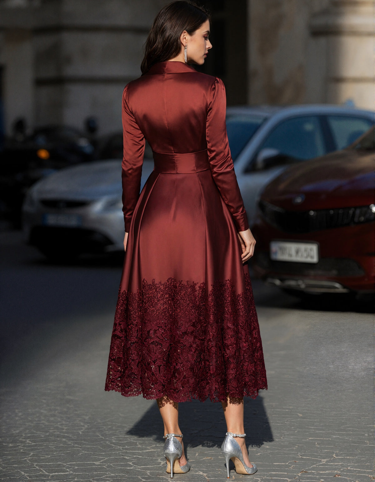Burgundy Satin Tie Midi Dress