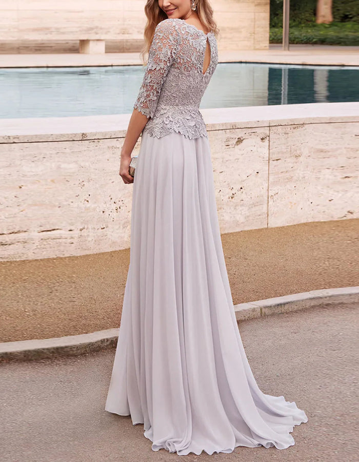 Gray A-line Three Quarter Sleeve Lace Maxi Dress