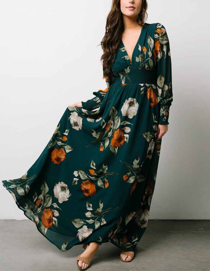 Dark Green Chiffon Printed Long Sleeves Maxi Dress