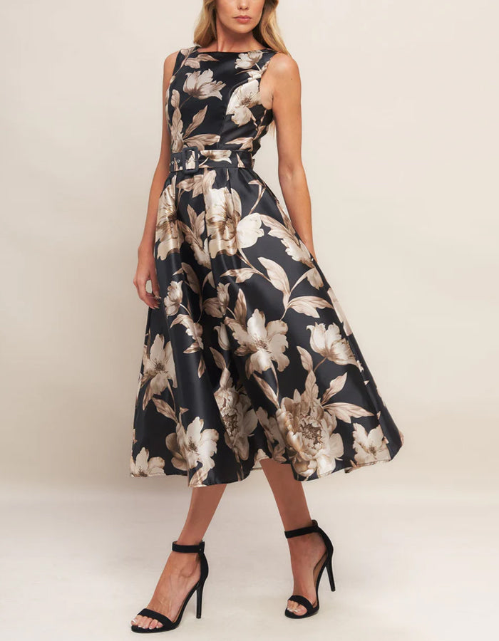 Black Sleeveless Floral Print Midi Dress