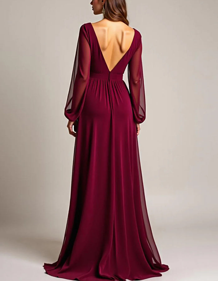 Burgundy Chiffon Long Sleeves With Ruffles Maxi Dress