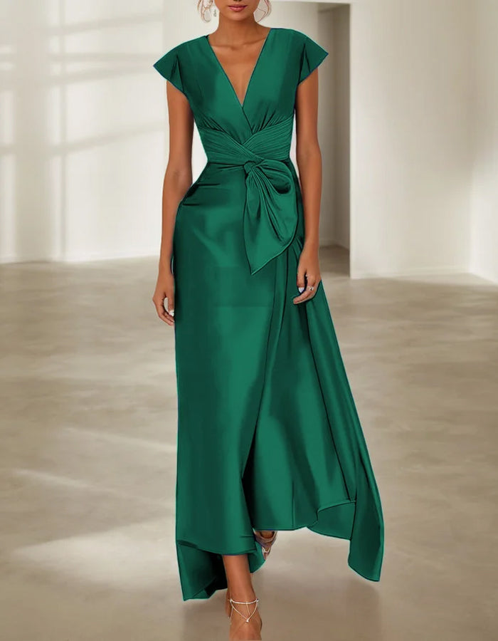 Solid Color Sleeveless Bow Satin A-line Maxi Dress