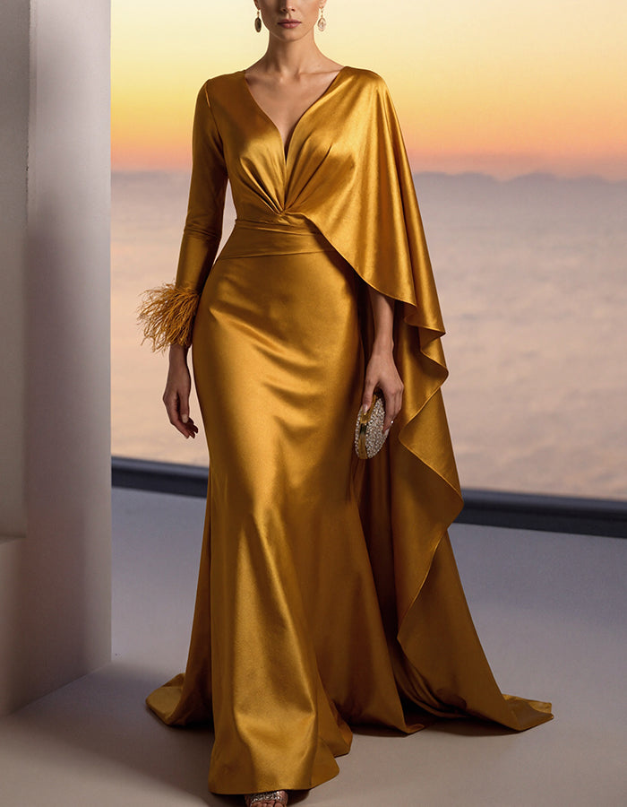 Gold Satin V-Neck Long-Sleeved Cape Maxi Dress
