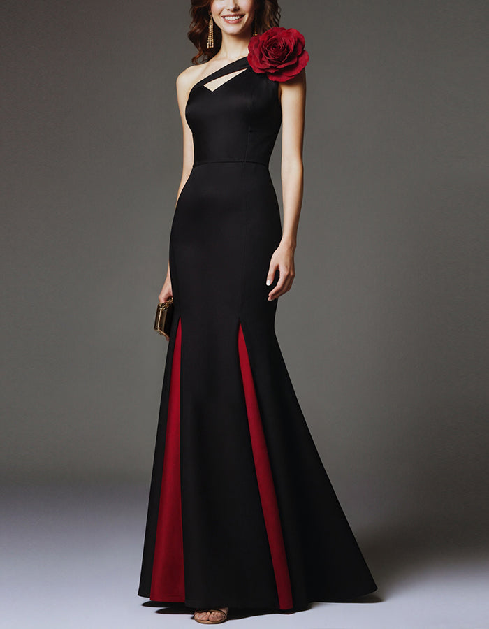 Black And Red One Shoulder Flower Maxi Dress