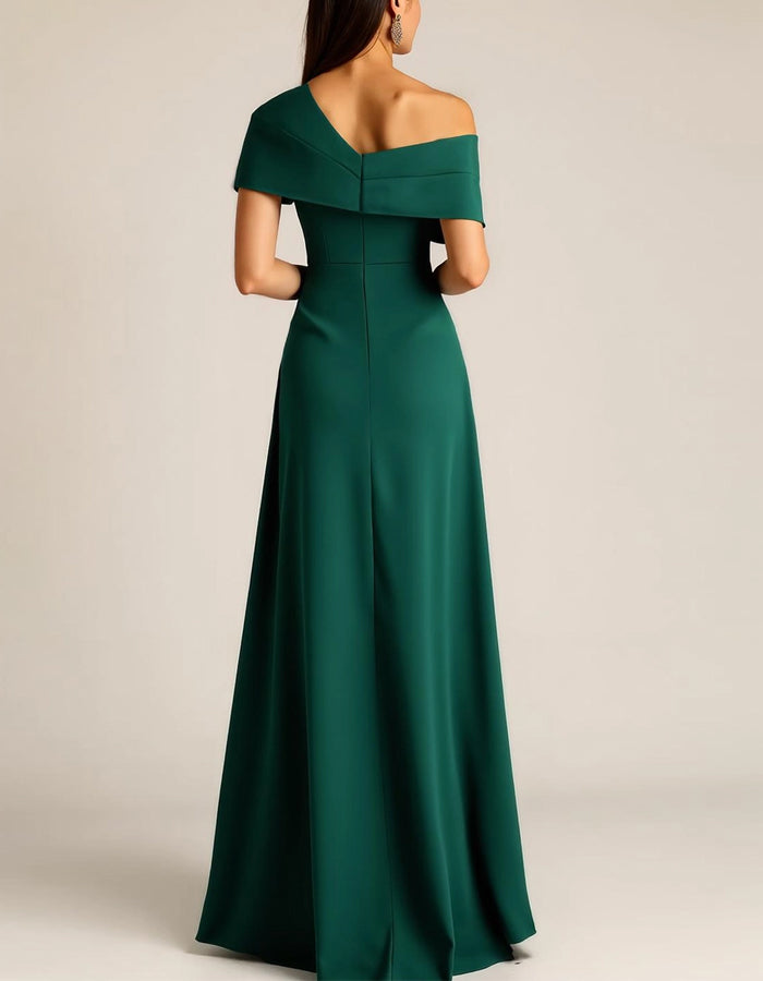 Green One Shoulder Satin Slit Maxi Dress