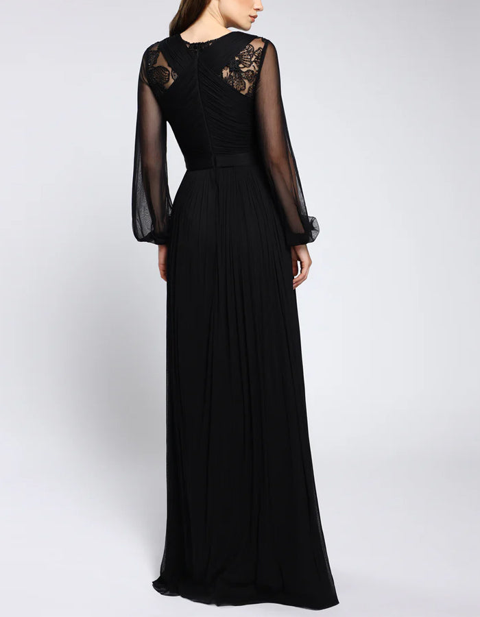 Black Chiffon Lace Long Sleeves Maxi Dress