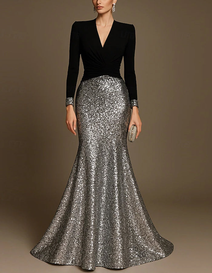 Black Mermaid V-neck Sequins Maxi Dress