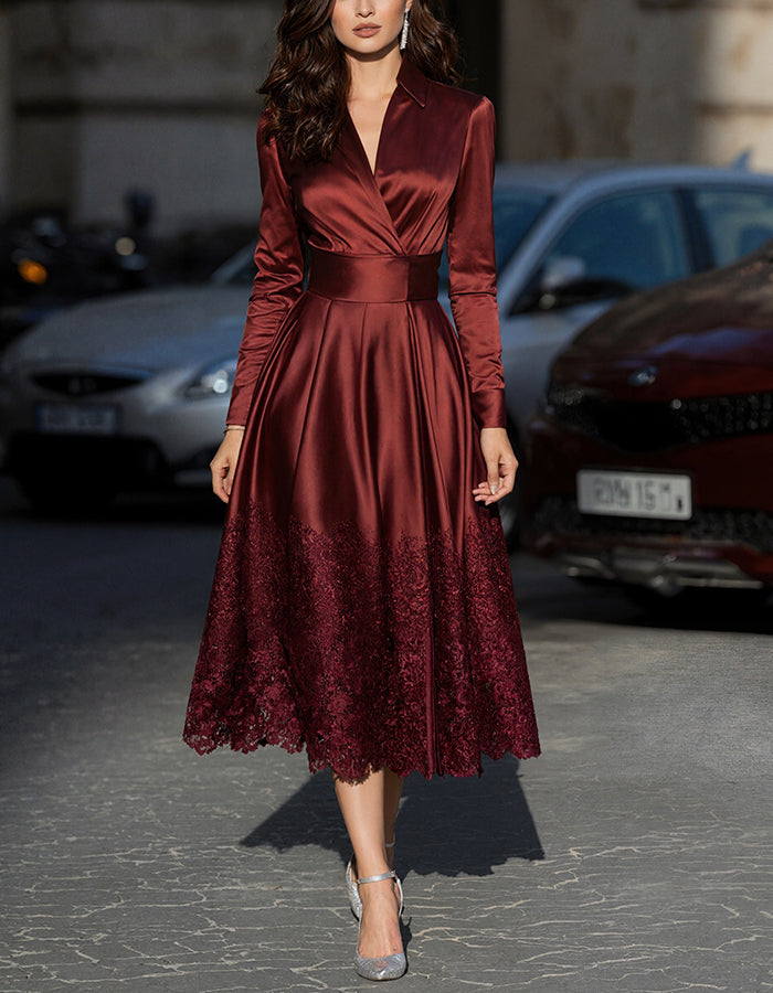 Burgundy Satin Tie Midi Dress