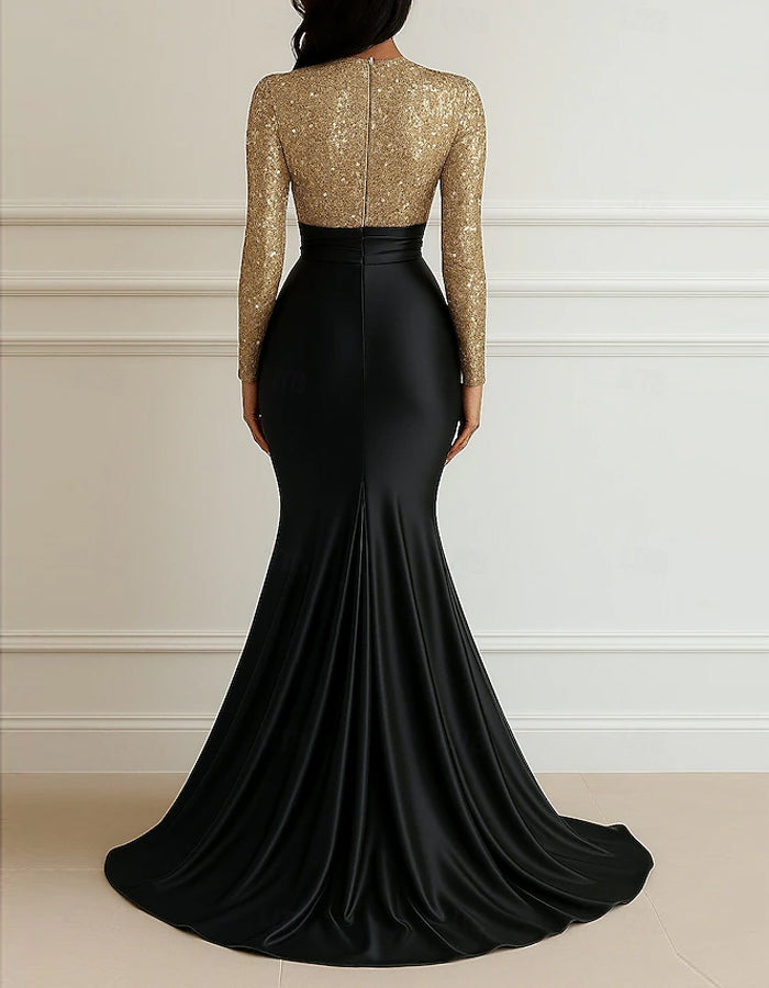 Round Neck Sequined Satin Patchwork Maxi Dress