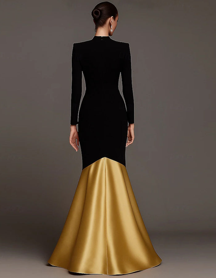 Color Blocked V-neck Long Sleeved Fitted Maxi Dress