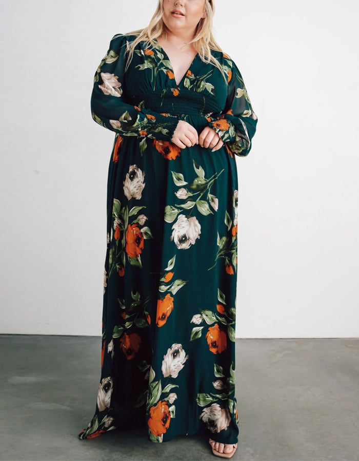 Vestido largo de gasa verde oscuro con estampado y manga larga