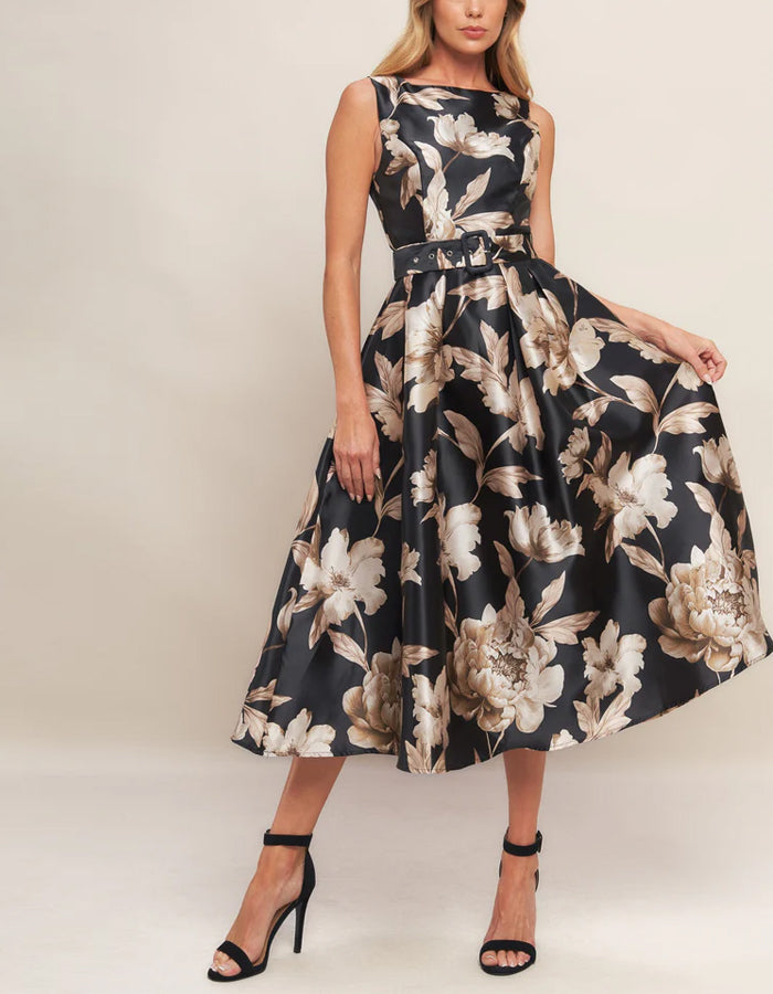Black Sleeveless Floral Print Midi Dress