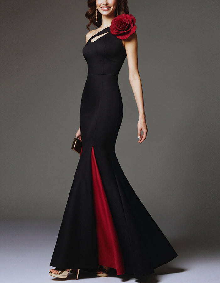 Black And Red One Shoulder Flower Maxi Dress